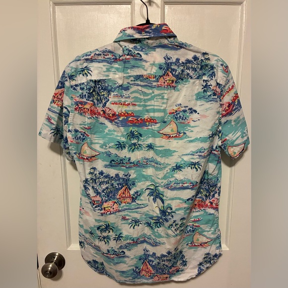 J. Crew Tropical Print Short Sleeve Button-Down Shirt in Light Blue, Navy, Coral - Picture 2 of 4